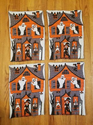 Halloween Quilted 4 Piece Set Placemats Black & Orange Vintage Haunted House