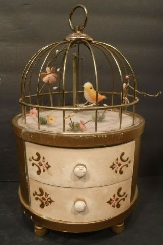 Vintage Swinging Bird Cage Music Box Two Drawer Jewelry Box Japan Hanging Cage