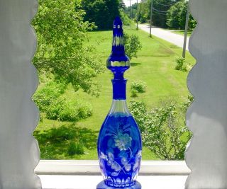 Vintage Cobalt Blue Cut To Clear Crystal Decanter 18 3/4 " Tall