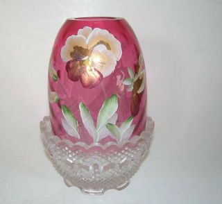 Vintage Fenton Pansy Fairy Lamp Light Ruby Optic Red Art Glass Signed D Cutshaw