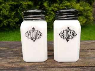 Vintage Hazel Atlas Milk Glass Flour And Sugar Shakers