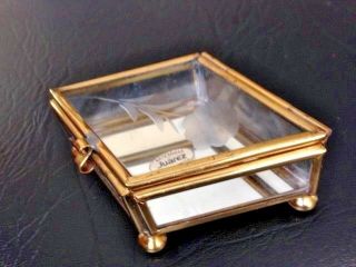 Charming Vintage Glass And Mexican Brass Curio Box With Etched Flower In Lid