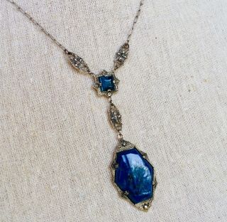 Vintage Art Deco Necklace Sterling Silver Marcasite Blue Lapis Stone Romantic