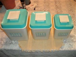 Vintage 1960 ' s Lustro Ware white / turquoise canister plastic Flour Sugar Coffee 2