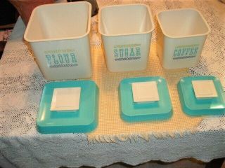 Vintage 1960 ' s Lustro Ware white / turquoise canister plastic Flour Sugar Coffee 3