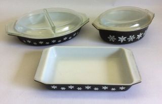 Vintage Pyrex Black Snowflake Casserole Dish Pan 3 Pc Set