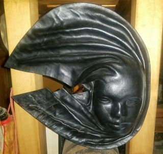 Vintage.  Black Leather Woman Face,  Mask Sculptured.  3 D Wall Hanging Art.  Hang.