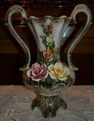 Vintage Capodimonte Bassano Sign Porcelain Floral Vase 14 3/4 " Tall.  Italy