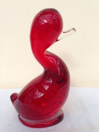 Vintage Whitefriars Controlled Bubble Full Lead Crystal Ruby Glass ' Dilly Duck ' 3