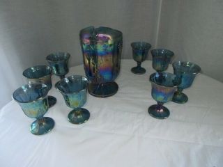 Carnival Glass Pitcher And 8 Goblet Set Vintage Blue With Grapes On Them