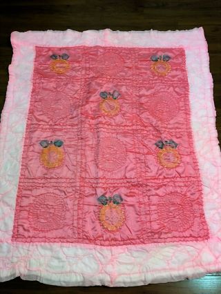 Vtg Bright Pink Satin Twin Sz Throw/blanket Embroidered Quilt Sunflowers 78x84 "