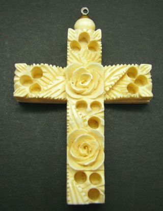 Vintage Carved Bovine Bone Cross Pendant For Rosary Or Necklace Floral