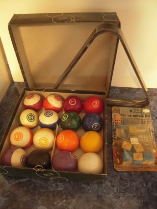 Vintage Billiard Pool Balls Belgium Ball Rack And Cue Stick Chalk