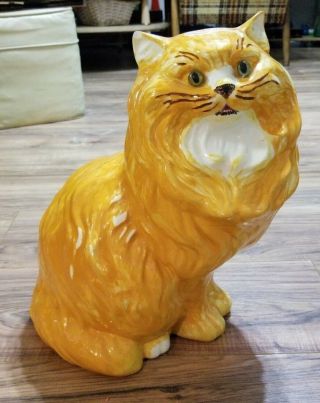 Vintage Ceramic Orange Cat Kitten Green Eye Large Statue Cat