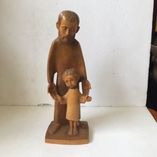 Vintage Italian Anri Hand Carved Wood Carving Man & Boy.  Father & Son