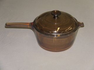 Vintage Corning,  Pyrex Vision Amber Glass 2.  5 L Glass Pot Sauce Pan With Lid