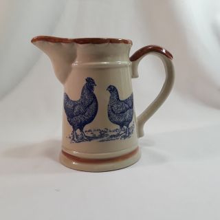 Vintage Rooster & Chicken Stoneware Pitcher Blue Design Brown Bands Creamer Jug