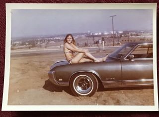 Vintage Photo Of Girl Woman Posing On Car In Bikini Swimsuit