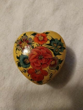 Vintage Hand Painted Heart Shaped Floral Wood Ring Jewlery Box Kashmir India
