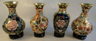 Set Of 4 Vintage Chinese Cloisonne Ornate Floral Vases On Wood Stands.  Colorful