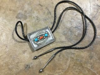 Vintage Native American Southwestern Sterling Turquoise & Red Coral Bolo Tie