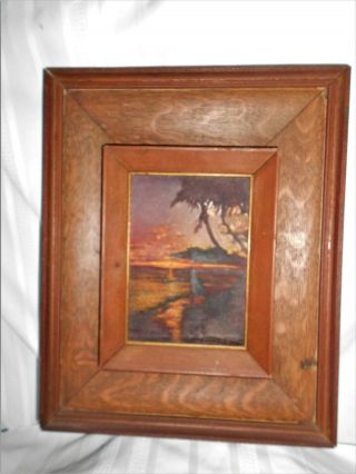 Vintage Old Heavy Wood Framed Small Oil Painting Sunrise Sunset Beach Sailboat