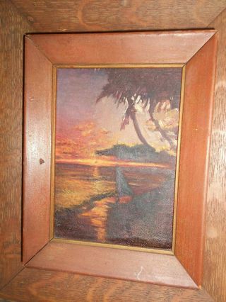 VINTAGE OLD HEAVY WOOD FRAMED SMALL OIL PAINTING SUNRISE SUNSET BEACH SAILBOAT 2