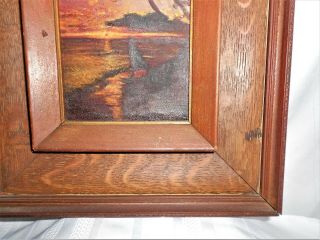 VINTAGE OLD HEAVY WOOD FRAMED SMALL OIL PAINTING SUNRISE SUNSET BEACH SAILBOAT 3