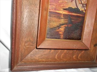 VINTAGE OLD HEAVY WOOD FRAMED SMALL OIL PAINTING SUNRISE SUNSET BEACH SAILBOAT 4