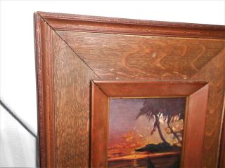 VINTAGE OLD HEAVY WOOD FRAMED SMALL OIL PAINTING SUNRISE SUNSET BEACH SAILBOAT 5