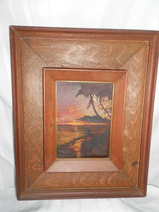 VINTAGE OLD HEAVY WOOD FRAMED SMALL OIL PAINTING SUNRISE SUNSET BEACH SAILBOAT 8