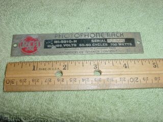 Vintage 40 ' s RCA Metal Badge LOGO from Theater Tube Amplifier Rack w.  e.  era 5