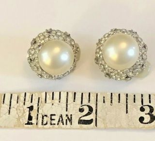 Vintage Ciner Clip Earrings Faux Mabe Pearl / Pave Crystal Rhinestones - Lovely