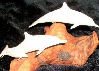 Vintage John Perry Three White Dolphins Sculpture On Burlwood