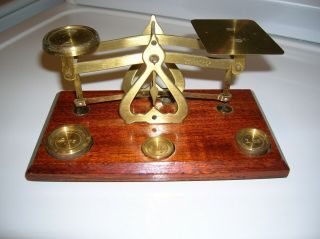 Vintage Brass Postal Scale 3 Brass Weights Wood Base Mounted Made In England