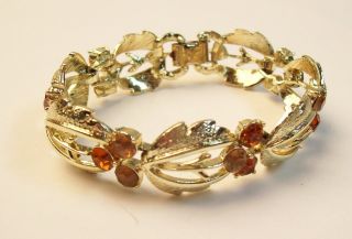 Vintage Coro Amber Rhinestone Goldtone Leaves Bracelet