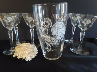 Vintage Libbey Chanticleer Rooster Cocktail Glass Set 1950s 8