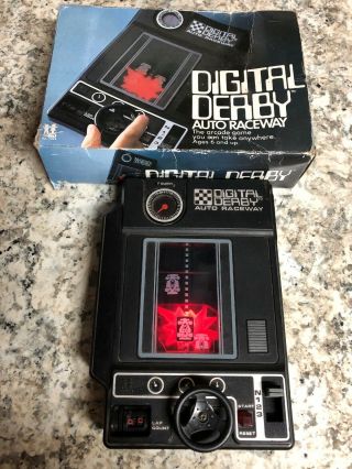 Vintage Tomy Digital Derby Auto Raceway Handheld Arcade Electronic Game W/ Box