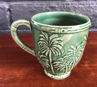 Vintage Ceramic Coffee Mug - Jade Green With Palm Trees - Made In Portugual