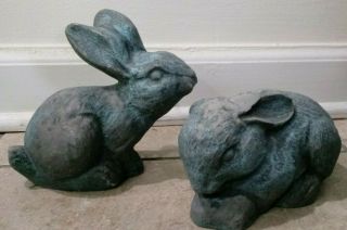 Set Of 2 Vintage Bunny Rabbits Garden Decor Sculpture Figurine Cement Blue Gray
