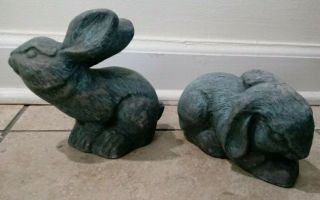 Set of 2 Vintage Bunny Rabbits Garden Decor Sculpture Figurine Cement Blue Gray 3
