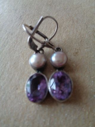 Vintage Estate Sterling Silver Earrings Pierced - Pearl/purple Amethyst Stone