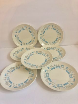 Vtg 1960s Mid Century Modern Royal China Blue Heaven Atomic Bread Plates Set 7