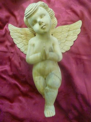 Vintage Hand Carved Solid Wood Praying Cherub Putto Figure Sculpture 17 " Long