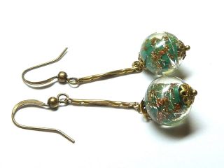 Vintage Venetian Sommerso Green Glass Bead Earrings - Match 1930 - 50s Necklace