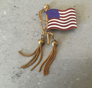 Vintage Enamel Wwii American Flag 48 Stars Tassel Brooch