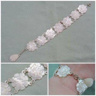 Mother Of Pearl Bracelet Vintage Carved Mop Flower Star Design Shell Ladies