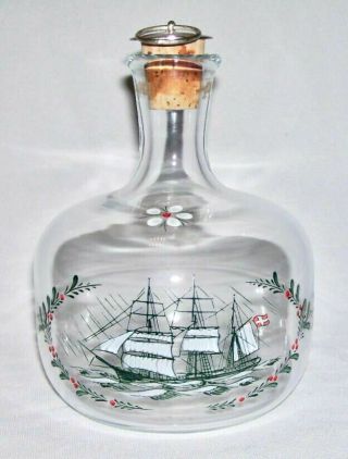 Holmegaard Vintage Painted Naval Sail Ship Decanter W/cork Stopper Denmark