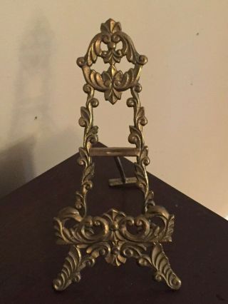 Vintage Ornate Solid Brass Display Easel Picture Plate Stand Table Top 10 " Tall