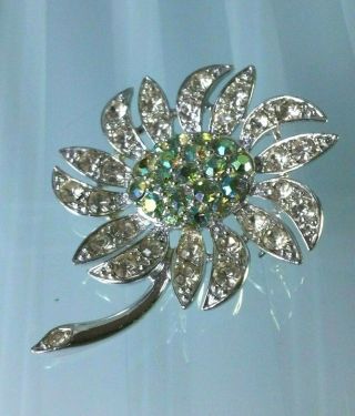 Sarah Coventry Vintage Silver Pin Brooch Flower Clear Rhinestone Aurora Borealis